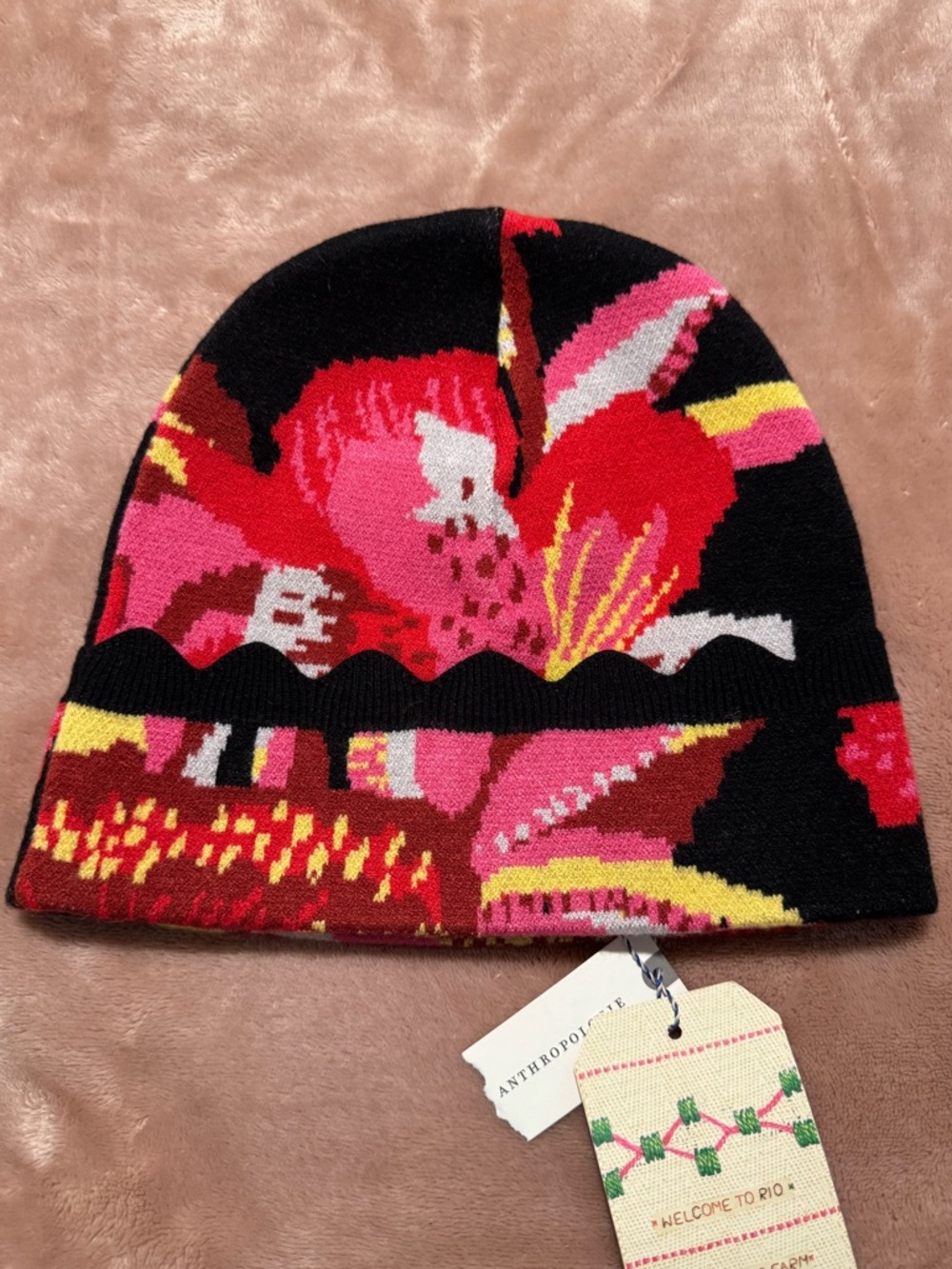 NWT Farm Rio for Anthropologie Printed Beanie Knit Hat, Pink Floral